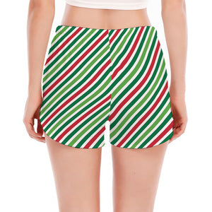 Merry Christmas Stripes Pattern Print Women's Split Running Shorts