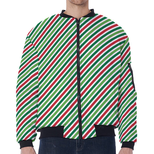 Merry Christmas Stripes Pattern Print Zip Sleeve Bomber Jacket