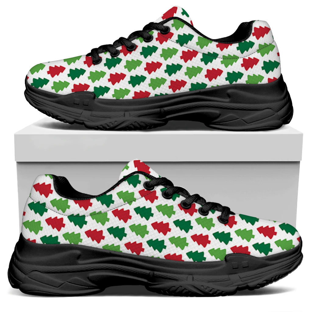 Merry Christmas Tree Pattern Print Black Chunky Shoes