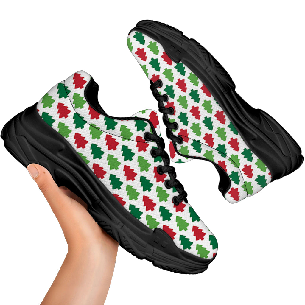 Merry Christmas Tree Pattern Print Black Chunky Shoes