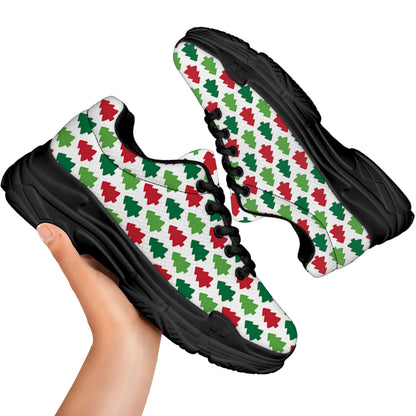 Merry Christmas Tree Pattern Print Black Chunky Shoes