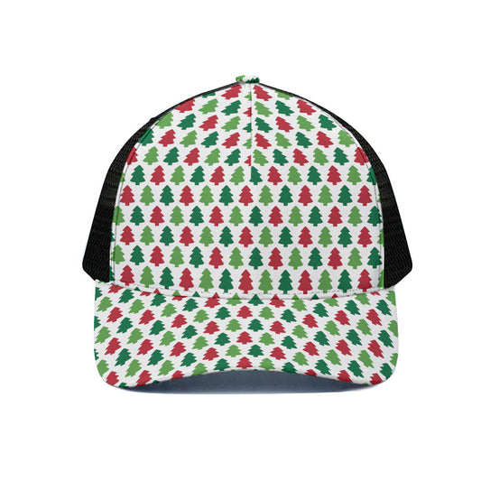 Merry Christmas Tree Pattern Print Black Mesh Trucker Cap