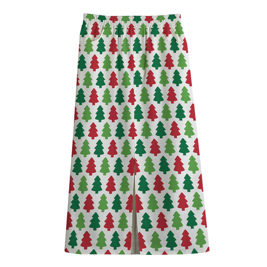 Merry Christmas Tree Pattern Print Cotton Front Slit Maxi Skirt