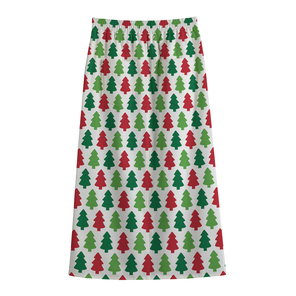 Merry Christmas Tree Pattern Print Cotton Front Slit Maxi Skirt