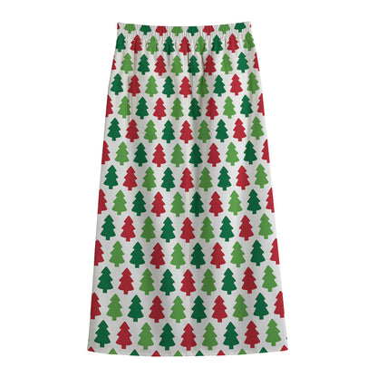 Merry Christmas Tree Pattern Print Cotton Front Slit Maxi Skirt
