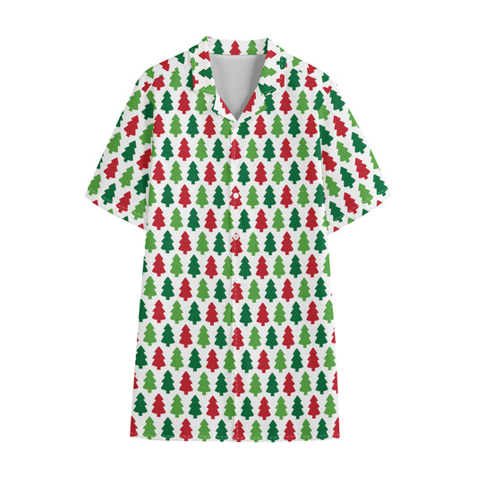Merry Christmas Tree Pattern Print Cotton Hawaiian Shirt