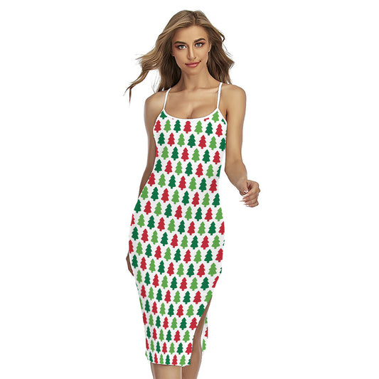 Merry Christmas Tree Pattern Print Cross Back Cami Dress