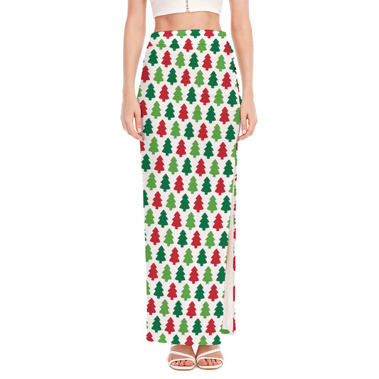 Merry Christmas Tree Pattern Print High Slit Maxi Skirt