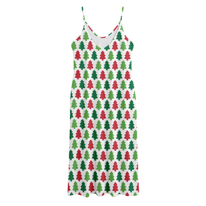 Merry Christmas Tree Pattern Print Jersey Midi Cami Dress