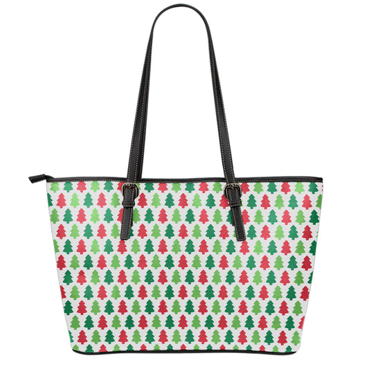 Merry Christmas Tree Pattern Print Leather Tote Bag