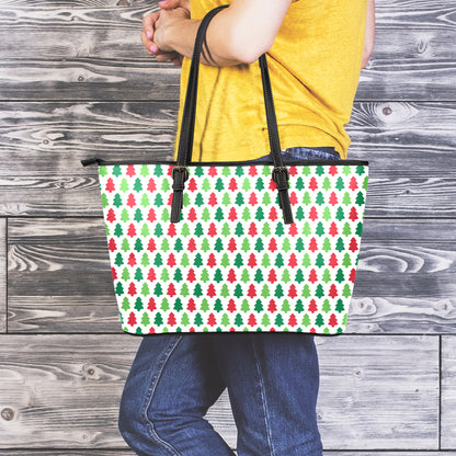 Merry Christmas Tree Pattern Print Leather Tote Bag