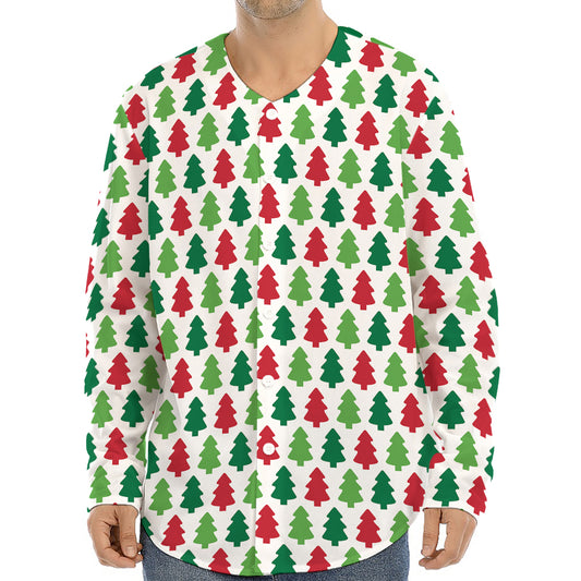 Merry Christmas Tree Pattern Print Long Sleeve Baseball Jersey
