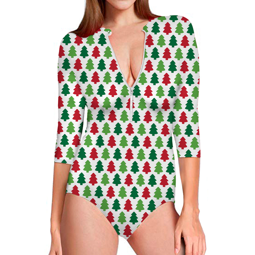 Merry Christmas Tree Pattern Print Long Sleeve Swimsuit