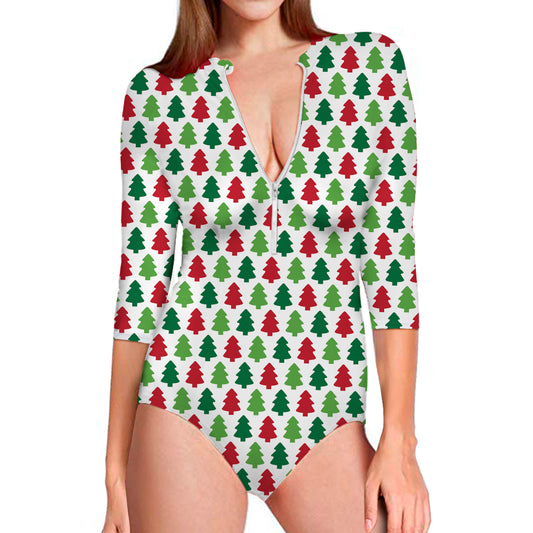 Merry Christmas Tree Pattern Print Long Sleeve Swimsuit