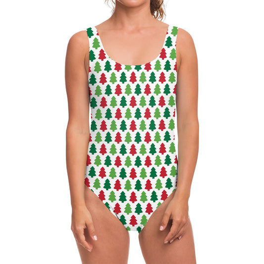 Merry Christmas Tree Pattern Print One Piece Swimsuit