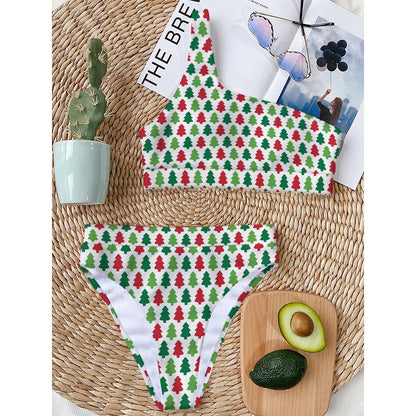 Merry Christmas Tree Pattern Print One Shoulder Bikini Top