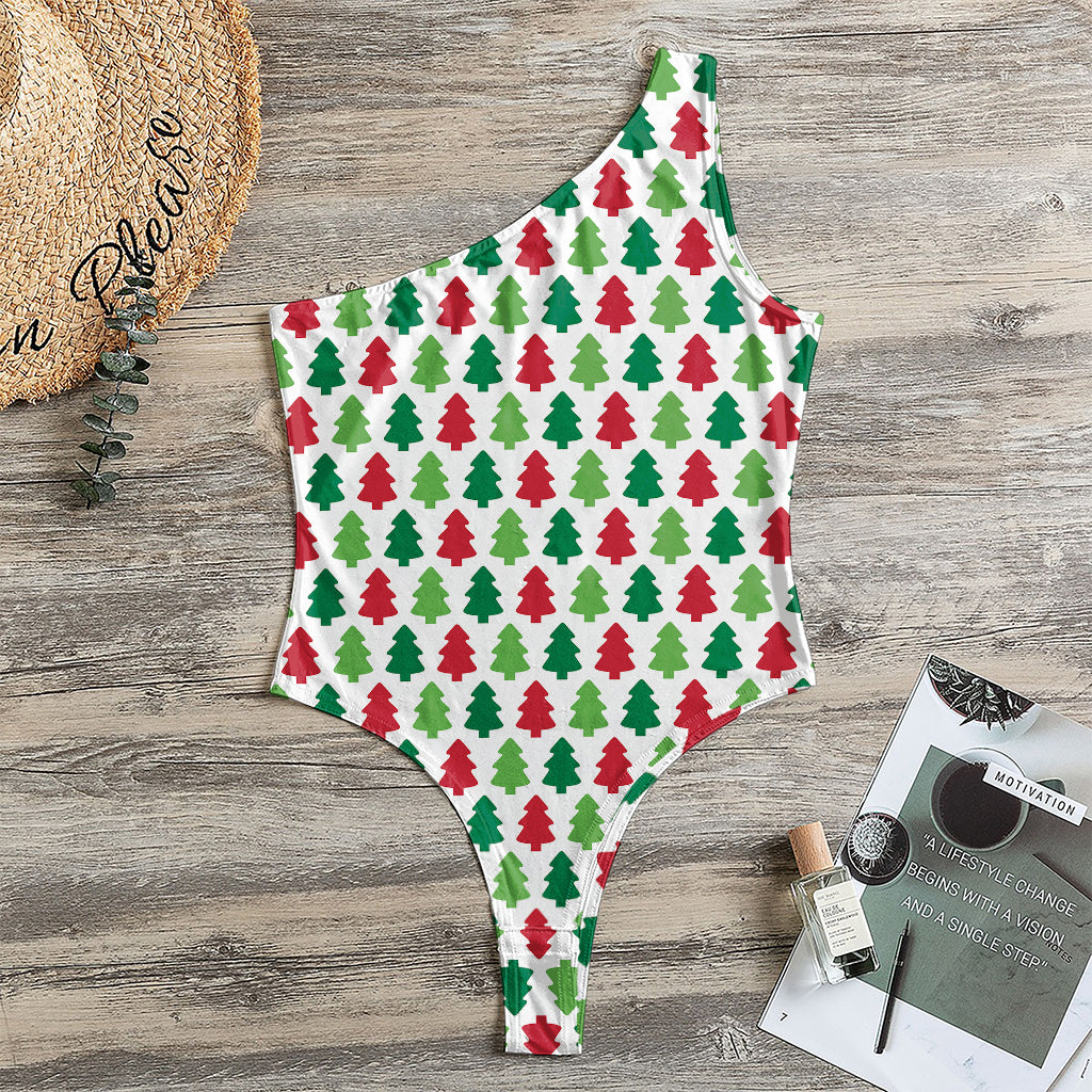 Merry Christmas Tree Pattern Print One Shoulder Bodysuit