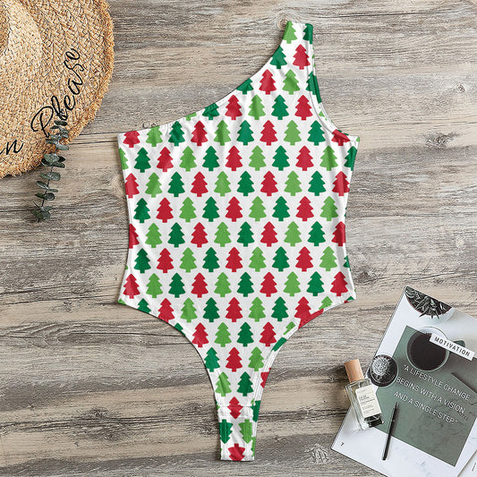 Merry Christmas Tree Pattern Print One Shoulder Bodysuit