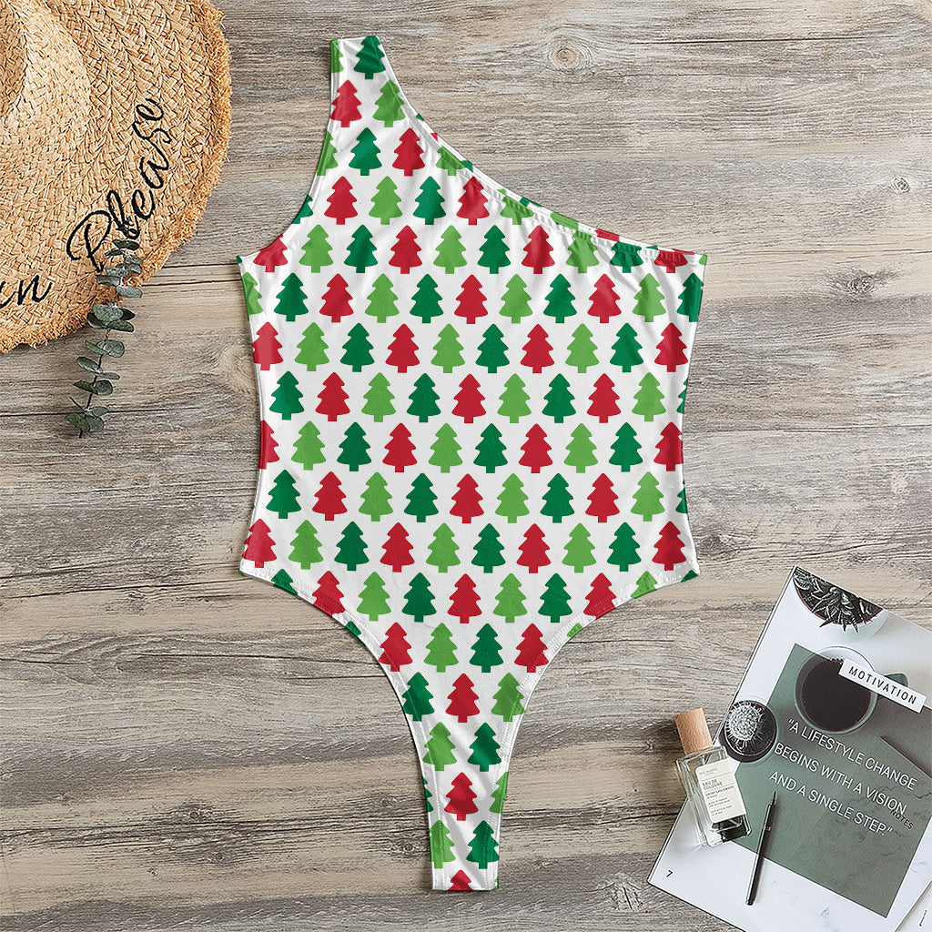 Merry Christmas Tree Pattern Print One Shoulder Bodysuit