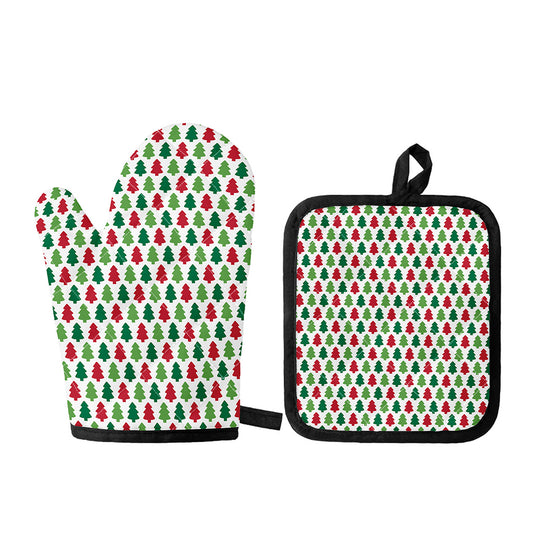 Merry Christmas Tree Pattern Print Oven Mitt And Pot Holder Set