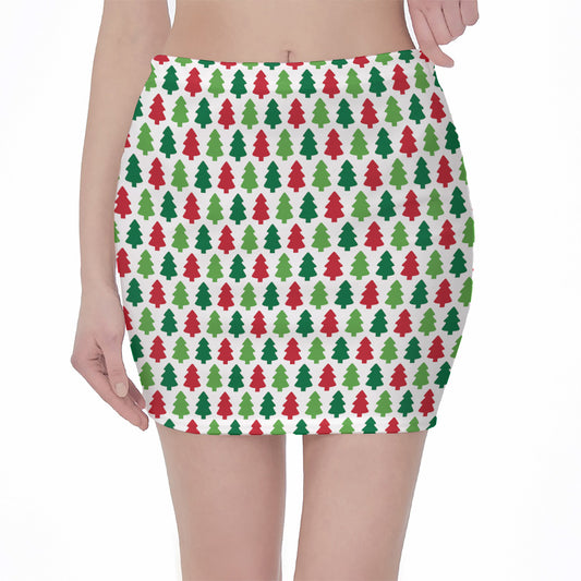 Merry Christmas Tree Pattern Print Pencil Mini Skirt