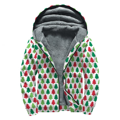 Merry Christmas Tree Pattern Print Sherpa Lined Zip Up Hoodie