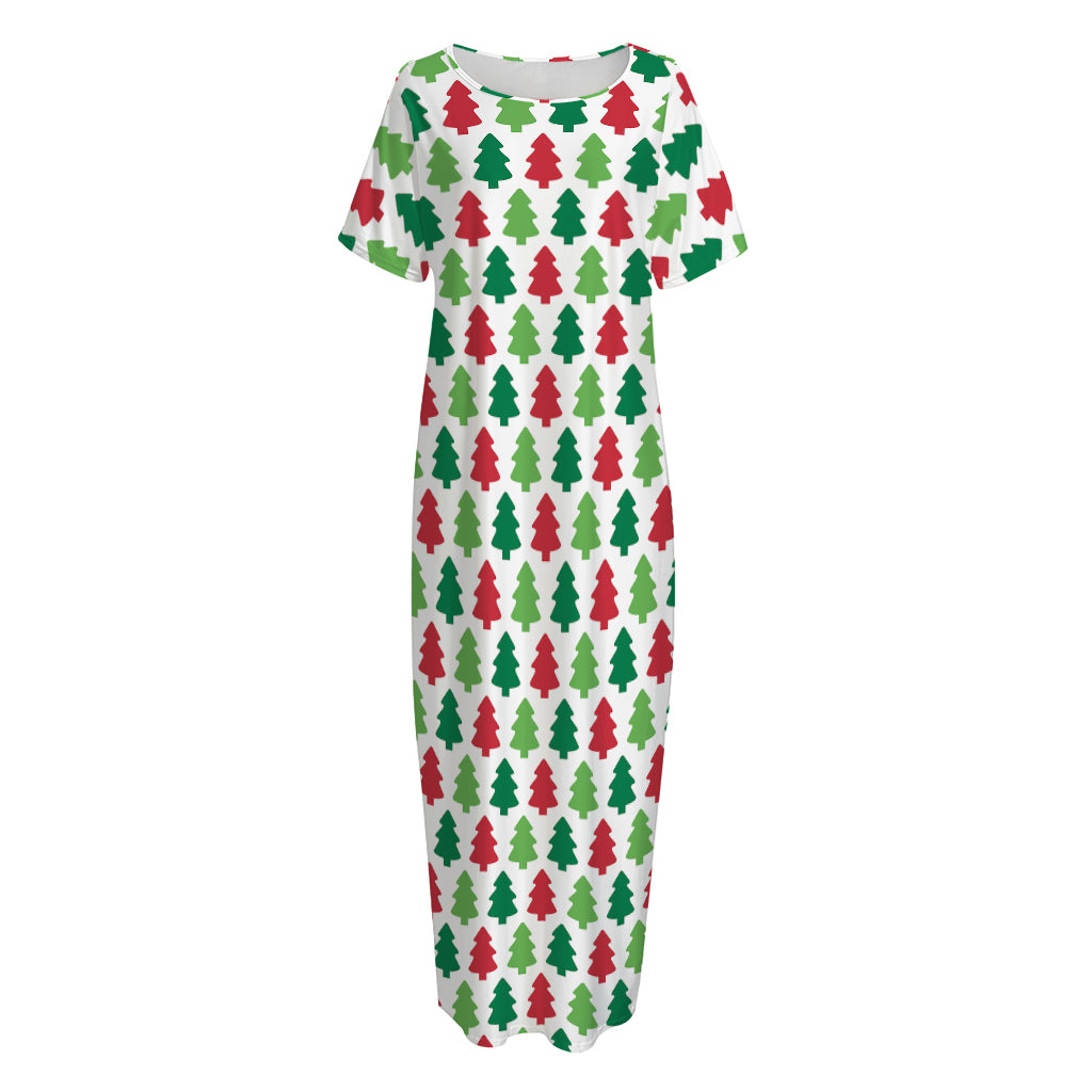 Merry Christmas Tree Pattern Print Short Sleeve Long Nightdress