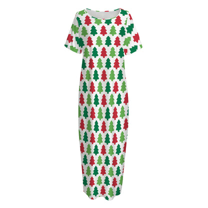 Merry Christmas Tree Pattern Print Short Sleeve Long Nightdress