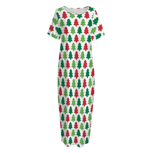 Merry Christmas Tree Pattern Print Short Sleeve Long Nightdress