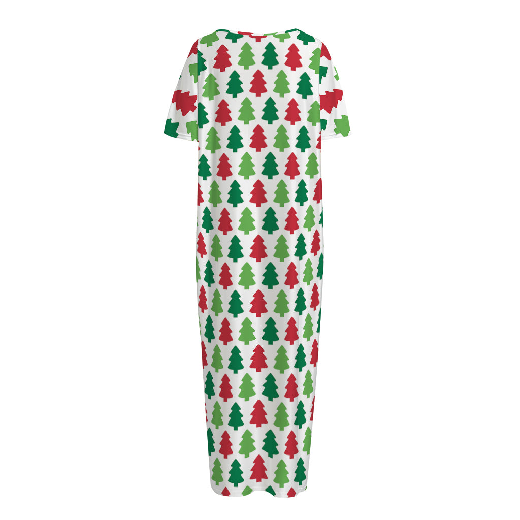 Merry Christmas Tree Pattern Print Short Sleeve Long Nightdress