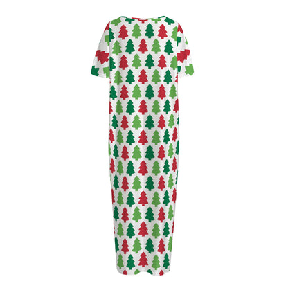 Merry Christmas Tree Pattern Print Short Sleeve Long Nightdress