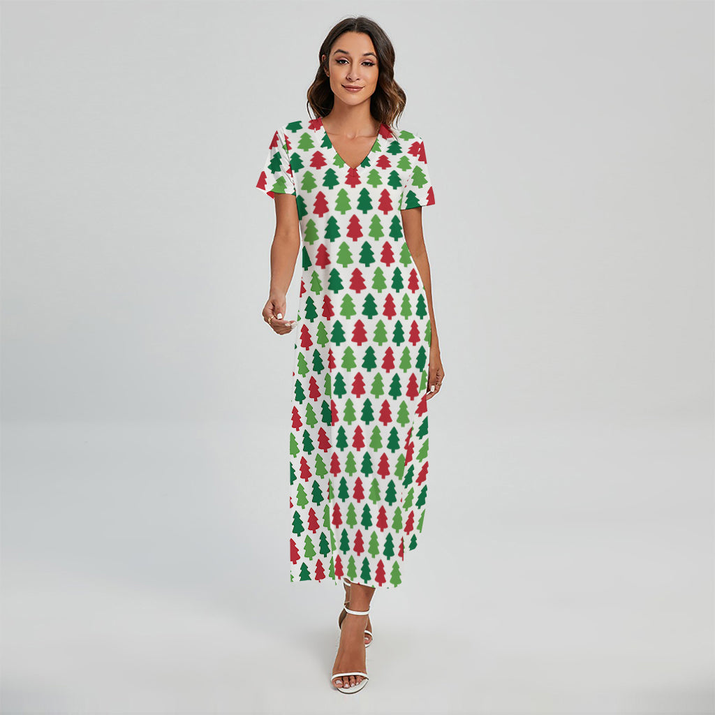 Merry Christmas Tree Pattern Print Short Sleeve Maxi Dress