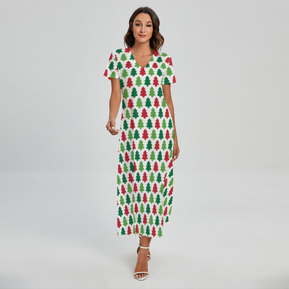 Merry Christmas Tree Pattern Print Short Sleeve Maxi Dress