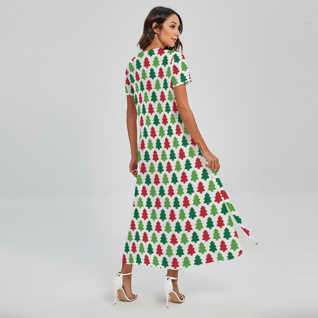 Merry Christmas Tree Pattern Print Short Sleeve Maxi Dress