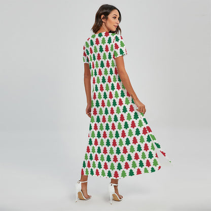 Merry Christmas Tree Pattern Print Short Sleeve Maxi Dress