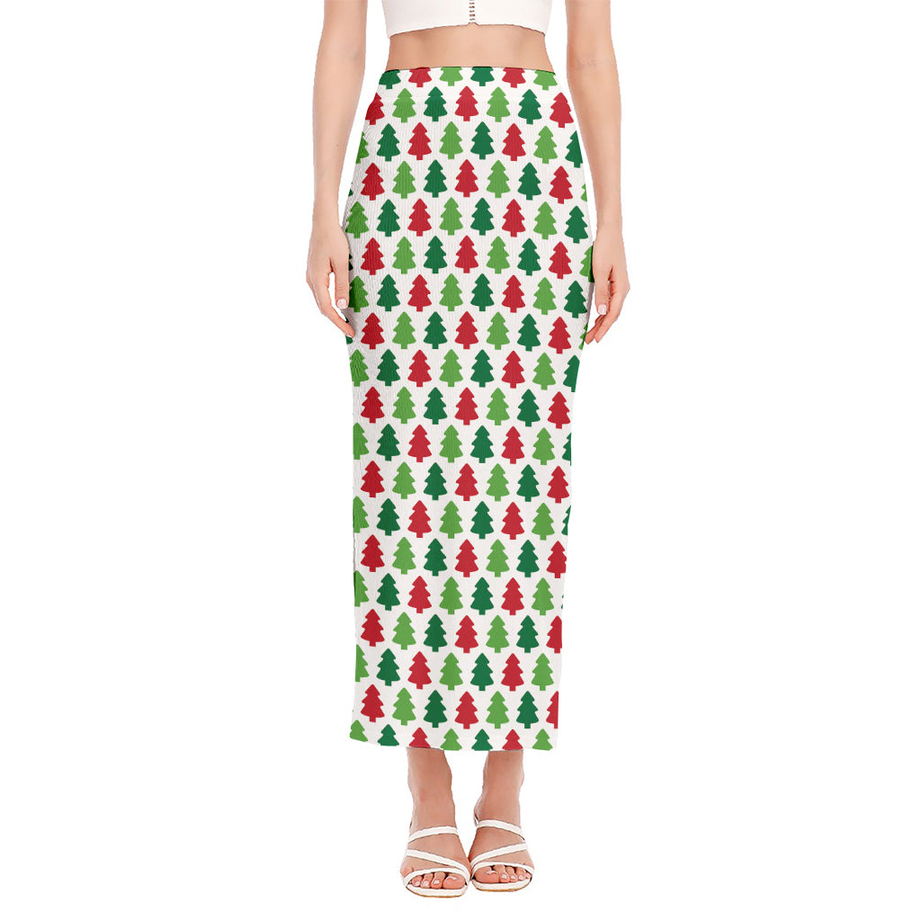 Merry Christmas Tree Pattern Print Side Slit Maxi Skirt