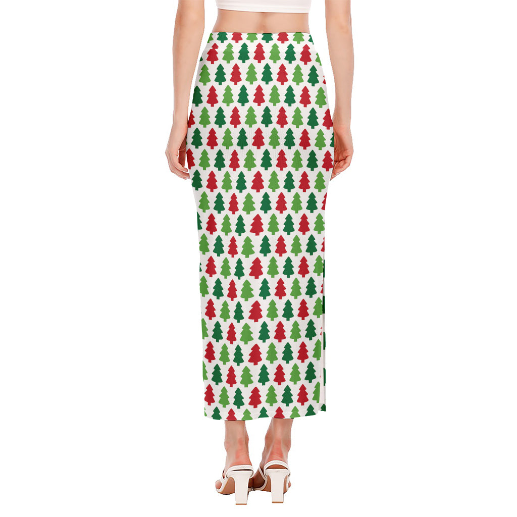 Merry Christmas Tree Pattern Print Side Slit Maxi Skirt