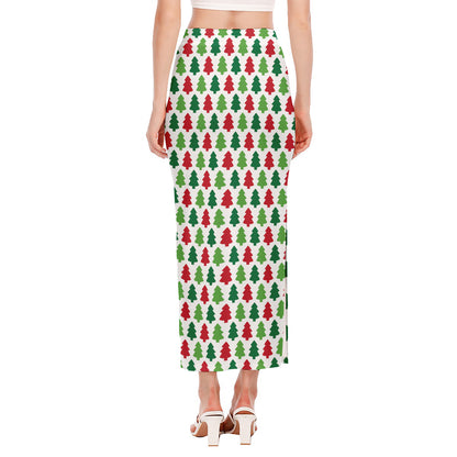 Merry Christmas Tree Pattern Print Side Slit Maxi Skirt