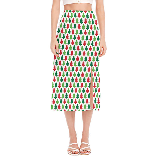 Merry Christmas Tree Pattern Print Side Slit Midi Skirt