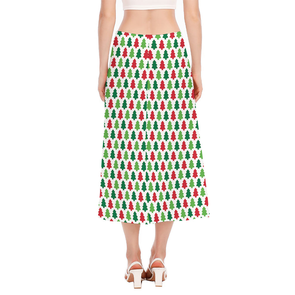 Merry Christmas Tree Pattern Print Side Slit Midi Skirt