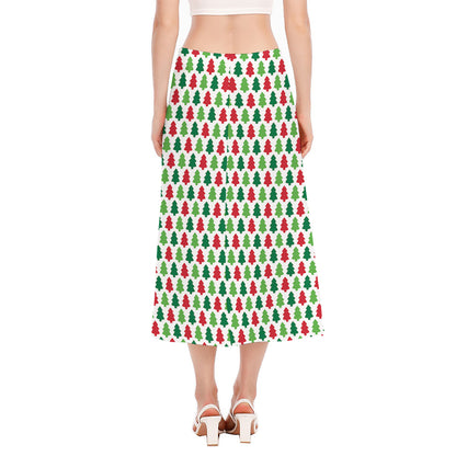 Merry Christmas Tree Pattern Print Side Slit Midi Skirt