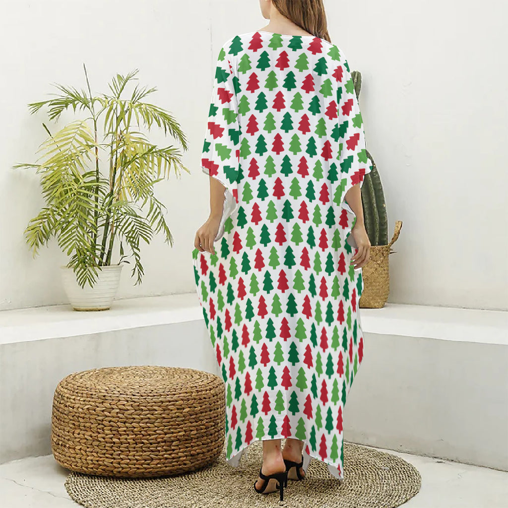 Merry Christmas Tree Pattern Print Silk V-Neck Kaftan Dress
