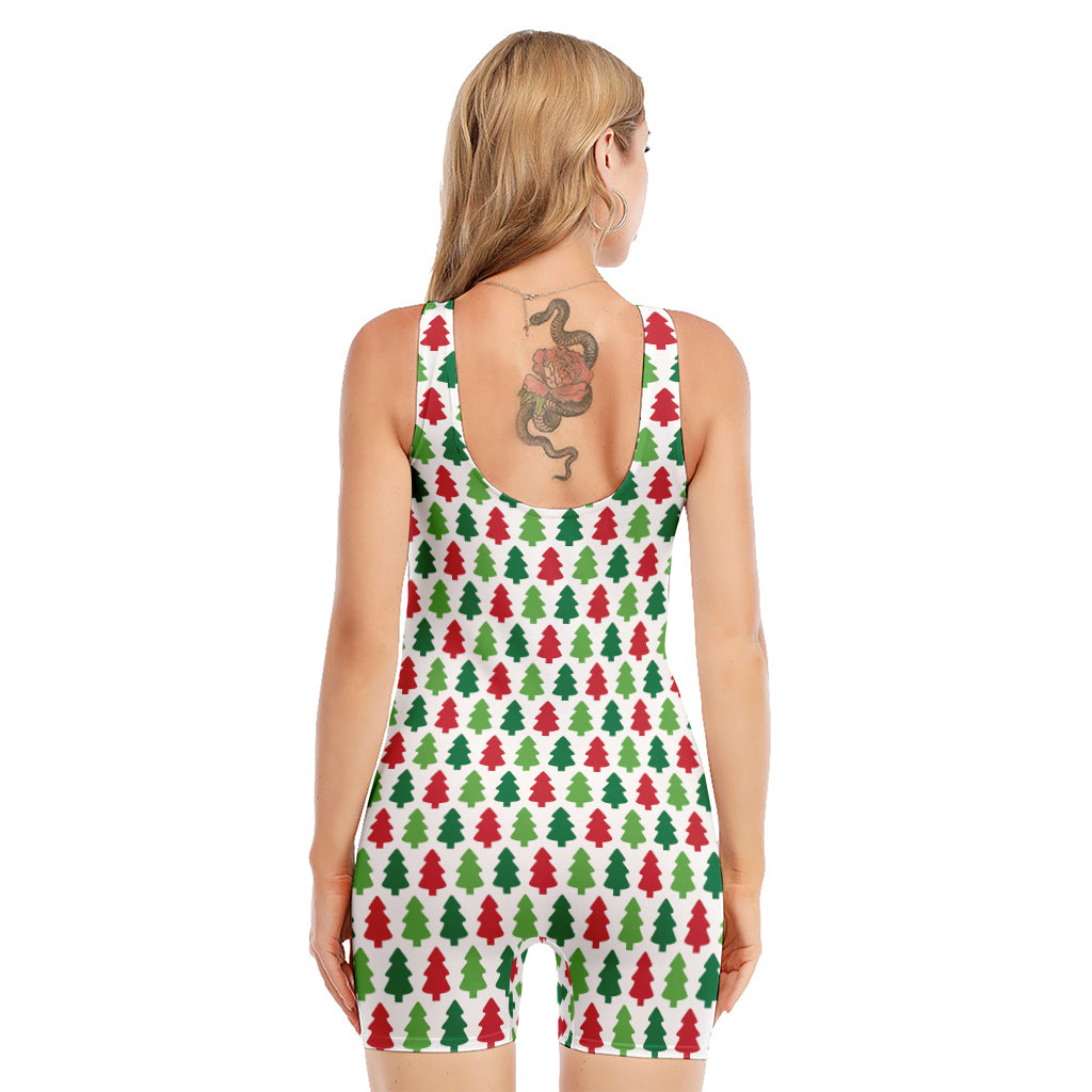 Merry Christmas Tree Pattern Print Sleeveless One Piece Swimsuit