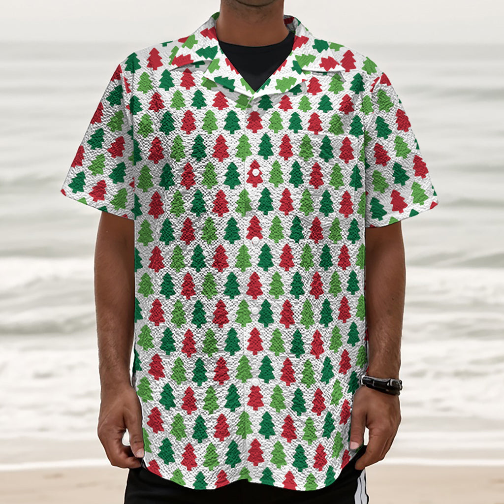 Merry Christmas Tree Pattern Print Textured Short Sleeve Shirt