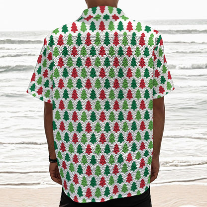 Merry Christmas Tree Pattern Print Textured Short Sleeve Shirt