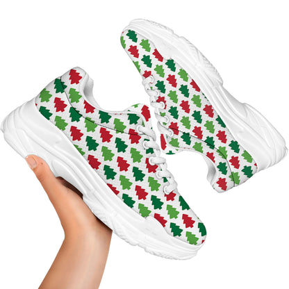 Merry Christmas Tree Pattern Print White Chunky Shoes
