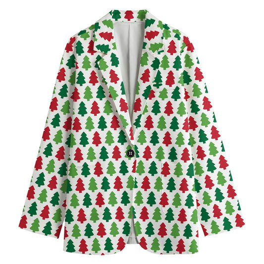Merry Christmas Tree Pattern Print Women's Cotton Blazer