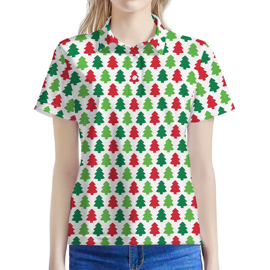 Merry Christmas Tree Pattern Print Women's Polo Shirt