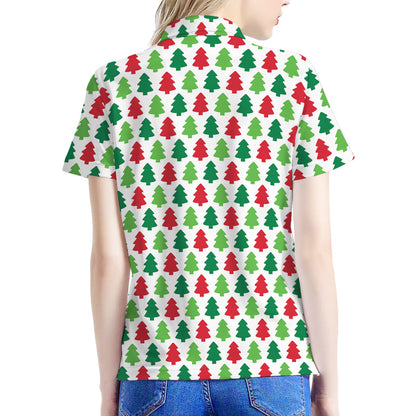 Merry Christmas Tree Pattern Print Women's Polo Shirt