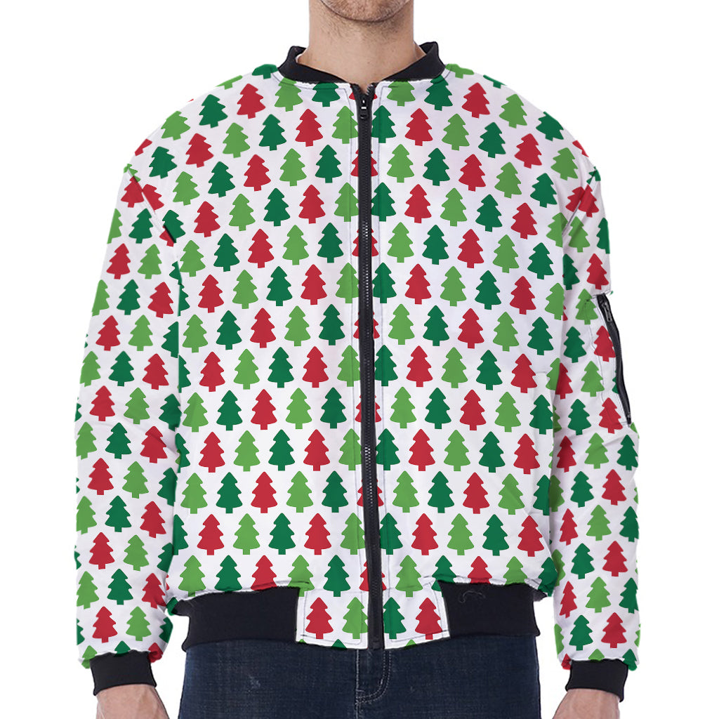 Merry Christmas Tree Pattern Print Zip Sleeve Bomber Jacket